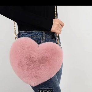 Small, Pink Faux Fur Heart Lightweight Cross body Bag, Gold Chain Strap.